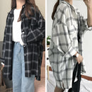 新款夏季宽松落肩长袖翻领格子口袋衬衫女