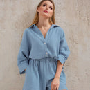 Cotton Pajamas For Women Sets Suit Casual Sleepwear Turn-Down Collar Nine Quarter Sleeve Sleep Tops Shorts Female Homewear 2023