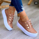 女式白色鞋子2022时尚圆头厚底鞋43码休闲系带平底女鞋乐福鞋Zapatos Mujer