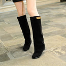 Women Boots Buckle Belt Flock Leather Low Heel Women's Boot Autumn Winter Loose Shoes Female Black Booties knee high Boots 33-43