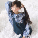 女式格子衬衫长袖春夏上衣女士日系森女彼得潘领可爱娃娃衫棉质白色衬衫