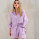 Cotton Pajamas For Women Sets Suit Casual Sleepwear Turn-Down Collar Nine Quarter Sleeve Sleep Tops Shorts Female Homewear 2023