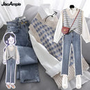 Women's Spring Autumn Fashion 3 Pieces Outfits 2023 Student Korean Casual Shirts+Sweater Vest+Straight Jeans Set Lady Streetwear