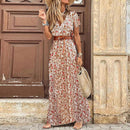 HOT SALE!! Boho Women V Neck Short Sleeve Paisley Print Belt Large Hem Beach Long Dress print dress summer beach dress with belt