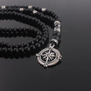 6mm Classic Vintage Black Long Natural Stone Round Beaded Necklace for Men with Compass Pendant Jewelry Gift