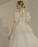 2022 Korea Style Sweetheart Puffy Sleeve Organza A-Line Backless Simple Lace-Up Wedding Dress Bride Gown Vestidos De Novia