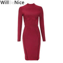 WillBeNice Vintage Office Lady Fuchsia Bandage Dress Fashion Women Long Sleeve Dress Bodycon Zipper Slim Elastic Luxury Dresses