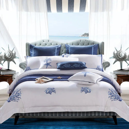 The Azure Atelier | Egyptian Cotton Embroidered Duvet Cover Set, 600 TC