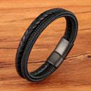TYO Stainless Steel Wire Cable Magnetic Clasp Double Layered Bracelet Braided Genuine Leather Chain Bracelet Mens Women Jewelry