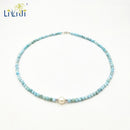 LiiJi Unique  Blue Larimar 2mm/3-4mm Freshwater Pearl 925 Sterling Silver Choker Necklace