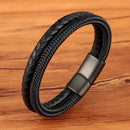 TYO Stainless Steel Wire Cable Magnetic Clasp Double Layered Bracelet Braided Genuine Leather Chain Bracelet Mens Women Jewelry