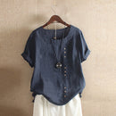 Vintage Cotton Linen Blouse 2022 Summer Boho Loose Tunic Tops Women Casual O Neck Short Sleeve Work Shirts Button Female Blusas