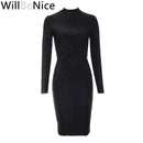 WillBeNice Vintage Office Lady Fuchsia Bandage Dress Fashion Women Long Sleeve Dress Bodycon Zipper Slim Elastic Luxury Dresses