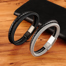 TYO Stainless Steel Wire Cable Magnetic Clasp Double Layered Bracelet Braided Genuine Leather Chain Bracelet Mens Women Jewelry