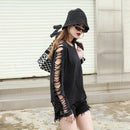 street punk Fashion  women's  hole personality tassel pocket  loose t-shirt female Washing Cotton Women's Clothing Clothes