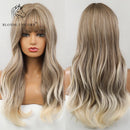 BLONDE UNICORN Long Wavy Synthetic Hair Wigs Brown Root Ombre Platinum Women Natural Wig Hair with Bangs Heat Resistant Fiber