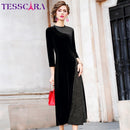 TESSCARA Women Autumn Elegant Velvet Dress Festa Female Event Party Robe High Quality Mesh Designer Vintage Cocktail Vestidos