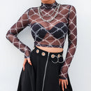 Mesh Tee Shirt Femme Sexy Long Sleeve Crop Top Chain Print T Shirt Women Streetwear Vintage Fishnet top T-shirt 2020 New Arrival