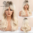 BLONDE UNICORN Long Wavy Synthetic Hair Wigs Brown Root Ombre Platinum Women Natural Wig Hair with Bangs Heat Resistant Fiber