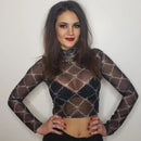 Mesh Tee Shirt Femme Sexy Long Sleeve Crop Top Chain Print T Shirt Women Streetwear Vintage Fishnet top T-shirt 2020 New Arrival