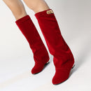Women Boots Buckle Belt Flock Leather Low Heel Women's Boot Autumn Winter Loose Shoes Female Black Booties knee high Boots 33-43