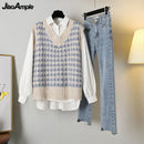 Women's Spring Autumn Fashion 3 Pieces Outfits 2023 Student Korean Casual Shirts+Sweater Vest+Straight Jeans Set Lady Streetwear