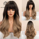 BLONDE UNICORN Long Wavy Synthetic Hair Wigs Brown Root Ombre Platinum Women Natural Wig Hair with Bangs Heat Resistant Fiber