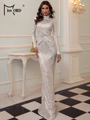 Missord Elegant Black Evening Dresses Women High Neck Long Sleeves Reflective Sequins Bodycon Maxi Party Prom Dress Formal Gown