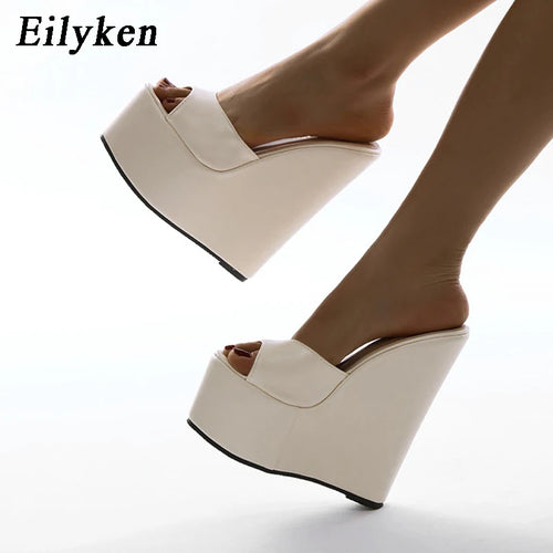 Eilyken时尚坡跟厚底鱼嘴拖鞋女夏季高跟鞋性感超高跟杏色凉鞋35-42码