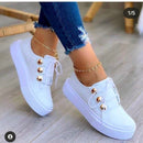 女式白色鞋子2022时尚圆头厚底鞋43码休闲系带平底女鞋乐福鞋Zapatos Mujer