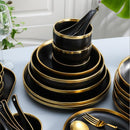 Gilt Rim Black Porcelain Dinner Plates Kitchen Dishes Ceramics Tableware Food Tray Rice Salad Noodles Bowl Cutlery Set