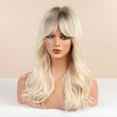 BLONDE UNICORN Long Wavy Synthetic Hair Wigs Brown Root Ombre Platinum Women Natural Wig Hair with Bangs Heat Resistant Fiber
