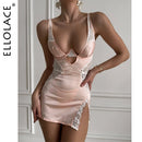 Ellolace Sexy Deep-V Neck Satin Dress Sexy Lingerie Lace Patchwork Split Sissy Night Dress Women Slip Dress Silk Nightwear