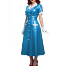 Elegant Women Midi Dress Shiny PVC Leather Turn-down Collar Patchwork Single-Breasted Long Dress Party Club  A-line Female Dress
