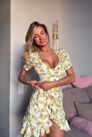 Women Chic Floral Print Bodycon Dress Holiday v-neck Pleated Patchwork Flared Sleeve Ruffle 2026 Summer Casual Latest Vestidos