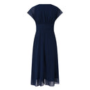 Womens Dresses Wedding Party Bridesmaid Elegant V Neck Chiffon Dress Slim High Waist Flutter Sheer Mesh Sleeve Long Dresses