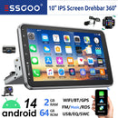 ESSGOO 10英寸安卓14 4+64G 无线Carplay车载音响 可旋转触摸屏 1 DIN GPS导航 蓝牙 FM RDS WIFI USB EQ SWC 麦克风