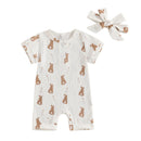 Toddler Boy Easter Casual Romper Short Sleeve Chick Print Jumpsuit with Matching Hat and Socks Set