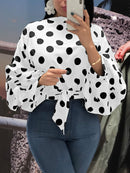 女装波点衬衫上衣 黑色腰带 长泡泡袖 白色红色大码 XXXL 女士时尚休闲春秋夏季衬衫