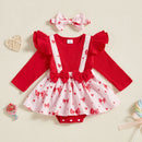 Adorable Toddler Girls Heart Print Romper Dress with Ruffles Long Sleeves and Matching Headband for Valentine s Day