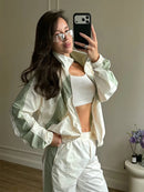 Casual Paneled Contrast Women's Pants Sets Stand Collar Zipper Cropped Jackets Elastic Wide Leg Pant 2026 Autumn Lady Tracksuits