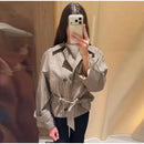 Chic Grid Belt Women's Coat Double Breasted Lapel Lace-Up Long Sleeve Lady Coats 2026 Autumn Fashion Female Vintage Jacket Lady