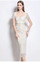Luxury Crystal Chain Lace Formal Dress Women Summer Vacation Short Sleeve Single Breasted Bead Lace Pencil Long Dresses Evening