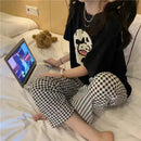 夏季女童两件套睡衣短袖裤子圆领家居服薄款弹力宽松柔软格子卡通印花可爱