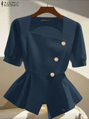 2025 ZANZEA Elegant Puff Sleeve Work Blouses Women Summer Shirts Square Neck Stylish Solid Buttons Tunic Tops Waisted OL Blusas