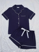 Summer Women's Pajamas Sets Short Sleeve Notched Collar Top Tee Button Down Elastic Waist Shorts Home Suit Loungewear Sleepwear