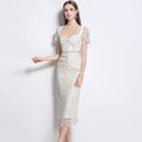 Luxury Crystal Chain Lace Formal Dress Women Summer Vacation Short Sleeve Single Breasted Bead Lace Pencil Long Dresses Evening