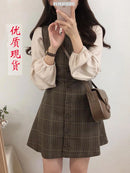 可爱迷你新年约会连衣裙无袖背心女韩日系复古格子纽扣衬衫连衣裙11021