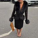 Sexy Lace Patchwork Women's Fur Coat V-Neck Full Sleeve Waist-Closed Lady Coats 2026 Autumn Winter Chic Female Streetwear
