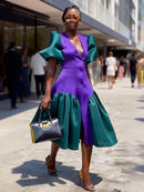 The Boardroom Hour | Satin Contrast Blazer Dress with Puff Sleeves, Mid-Calf